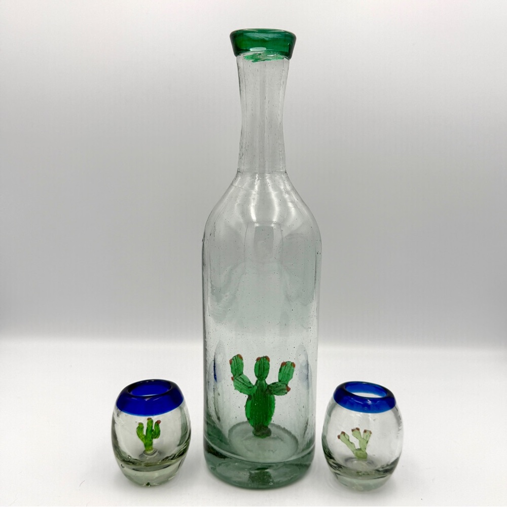 Hand Blown Glass Vase with Cactus and Two Shot Glasses Hand Made.